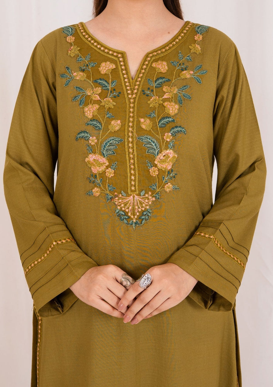3pc Embroidered Rib Karandi with Embroidered Border Shawl Olivish Mustard AML-W25-0025