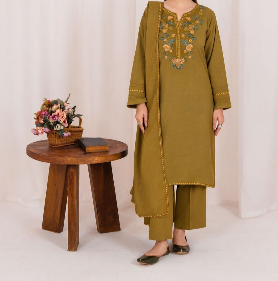 3pc Embroidered Rib Karandi with Embroidered Border Shawl Olivish Mustard AML-W25-0025