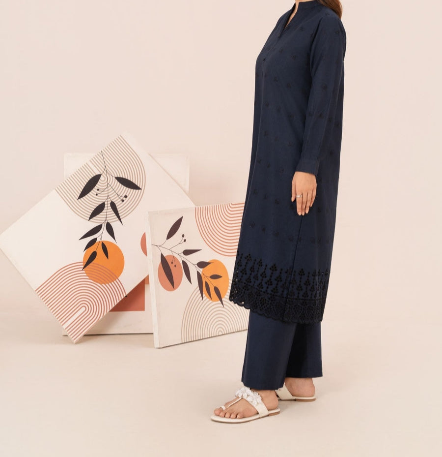 2pc Schiffli Embroidered Cambric Navy Set Rozana-W25-0028