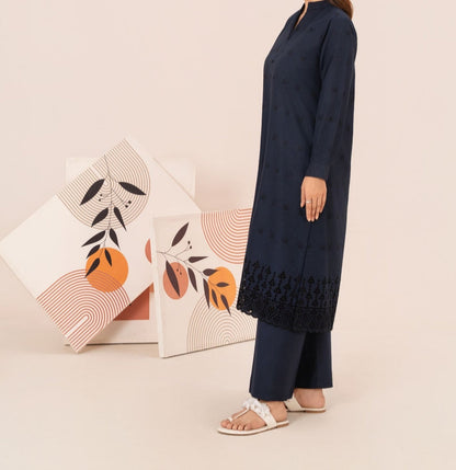 2pc Schiffli Embroidered Cambric Navy Set Rozana-W25-0028