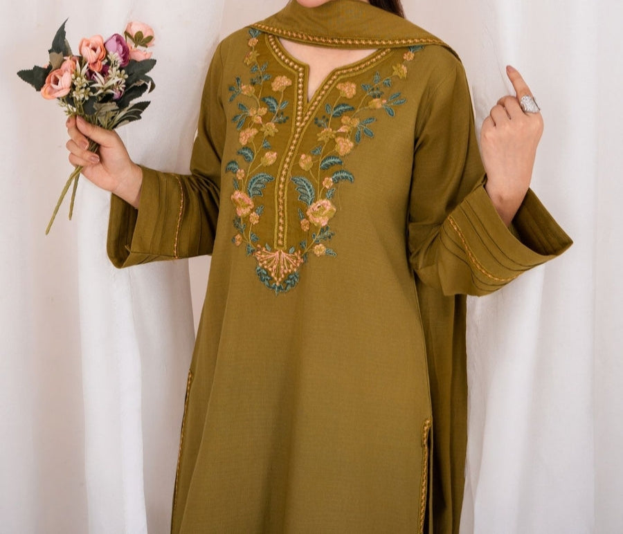 3pc Embroidered Rib Karandi with Embroidered Border Shawl Olivish Mustard AML-W25-0025