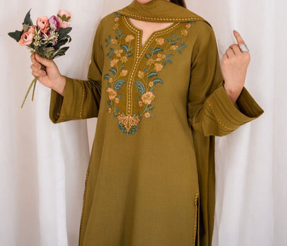 3pc Embroidered Rib Karandi with Embroidered Border Shawl Olivish Mustard AML-W25-0025