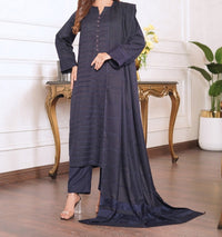 3pc Alpine Velvet Shirt with Velvet Border Shawl and Plain Trouser Navy Blue