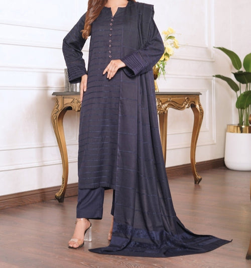 3pc Alpine Velvet Shirt with Velvet Border Shawl and Plain Trouser Navy Blue