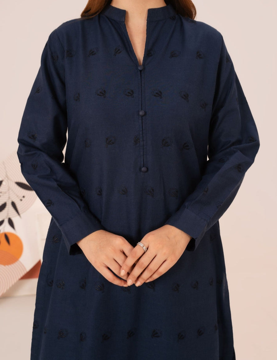 2pc Schiffli Embroidered Cambric Navy Set Rozana-W25-0028