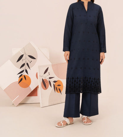 2pc Schiffli Embroidered Cambric Navy Set Rozana-W25-0028