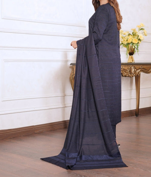 3pc Alpine Velvet Shirt with Velvet Border Shawl and Plain Trouser Navy Blue