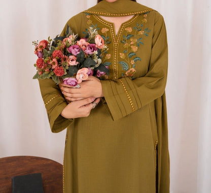 3pc Embroidered Rib Karandi with Embroidered Border Shawl Olivish Mustard AML-W25-0025