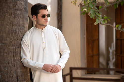 Men's Premium Ban-Embroidered Kameez Shalwar - Booski White / Classic Fit.