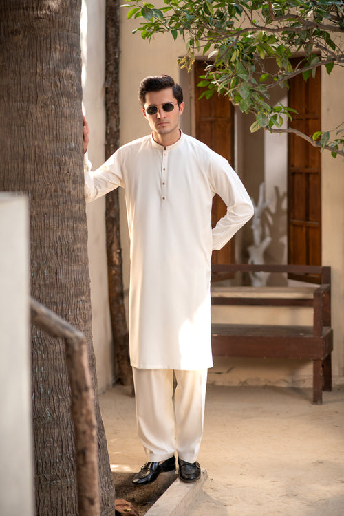 Men's Premium Ban-Embroidered Kameez Shalwar - Booski White / Classic Fit.