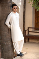 Men's Premium Ban-Embroidered Kameez Shalwar - Booski White / Classic Fit.