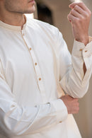 Men's Premium Ban-Embroidered Kameez Shalwar - Booski White / Classic Fit.