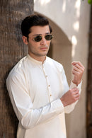 Men's Premium Ban-Embroidered Kameez Shalwar - Booski White / Classic Fit.